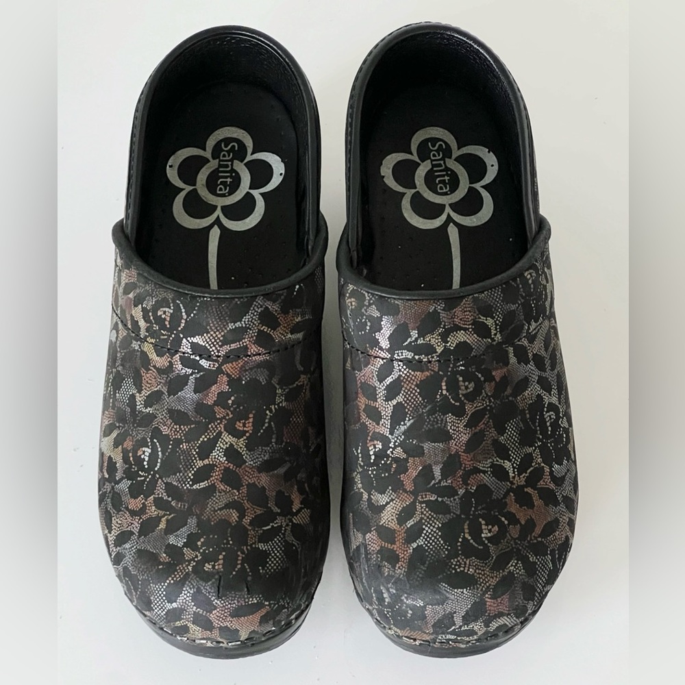 Sanita Floral Metallic Black Professional Shoes Nurse Clogs Size EU 36 / US 5
